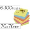 BLOC DE NOTAS ADHESIVAS QUITA Y PON POST-IT 76X76 MM NEON PACK DE 6...