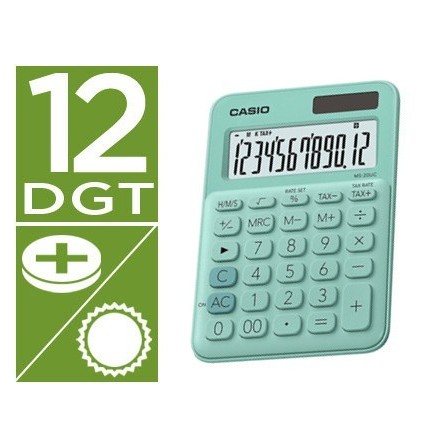 CALCULADORA CASIO MS-20UC-GN SOBREMESA 12 DIGITOS TAX +/- COLOR VERDE
