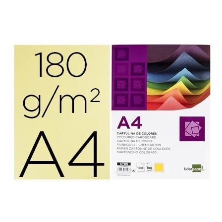 CARTULINA LIDERPAPEL A4 180G/M2 AMARILLO PAQUETE DE 100