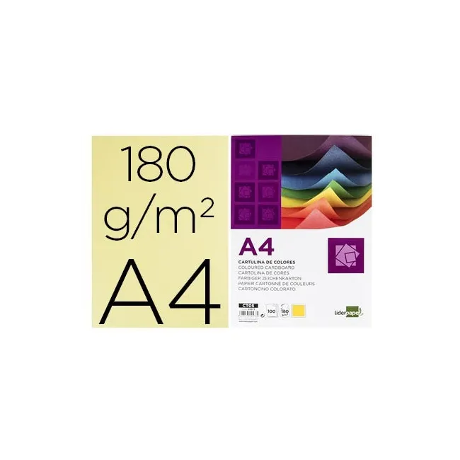 CARTULINA LIDERPAPEL A4 180G/M2 AMARILLO PAQUETE DE 100