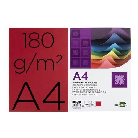 CARTULINA LIDERPAPEL A4 180G/M2 ROJO PAQUETE DE 100