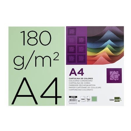 CARTULINA LIDERPAPEL A4 180G/M2 VERDE PAQUETE DE 100