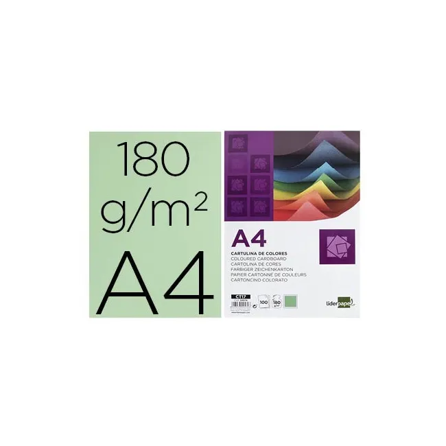 CARTULINA LIDERPAPEL A4 180G/M2 VERDE PAQUETE DE 100