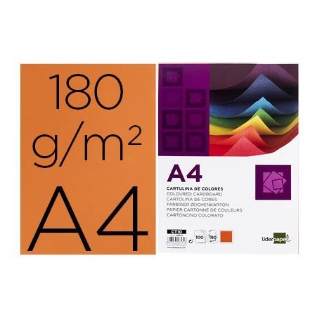 CARTULINA LIDERPAPEL A4 180G/M2 NARANJA FUERTE PAQUETE DE 100
