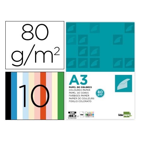 PAPEL COLOR LIDERPAPEL A3 80GR/M2 10 COLORES SURTIDOS PAQUETE 100 H...