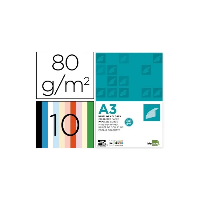 PAPEL COLOR LIDERPAPEL A3 80GR/M2 10 COLORES SURTIDOS PAQUETE 100 H...