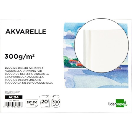 BLOC DIBUJO LIDERPAPEL ACUARELA ENCOLADO 210X297MM 20 HOJAS 300G/M2...