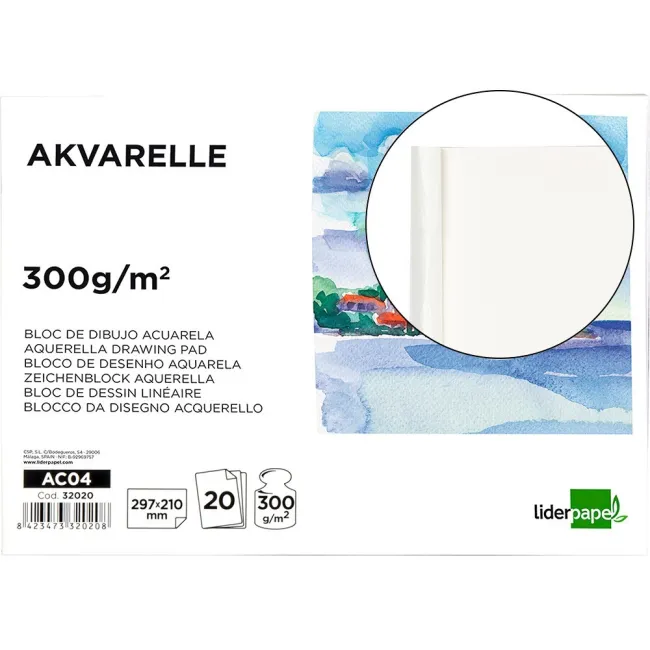 BLOC DIBUJO LIDERPAPEL ACUARELA ENCOLADO 210X297MM 20 HOJAS 300G/M2...