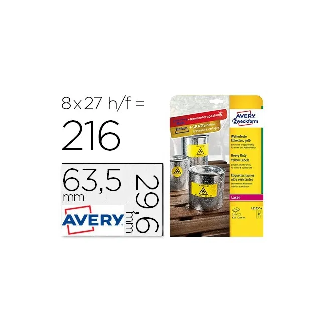 ETIQUETA ADHESIVA AVERY POLIESTER AMARILLO FLUORESCENTE 63,5X29,6 M...