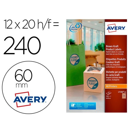 ETIQUETA ADHESIVA AVERY KRAFT EFECTO CARTON REDONDA 60 MM REMOVIBLE...