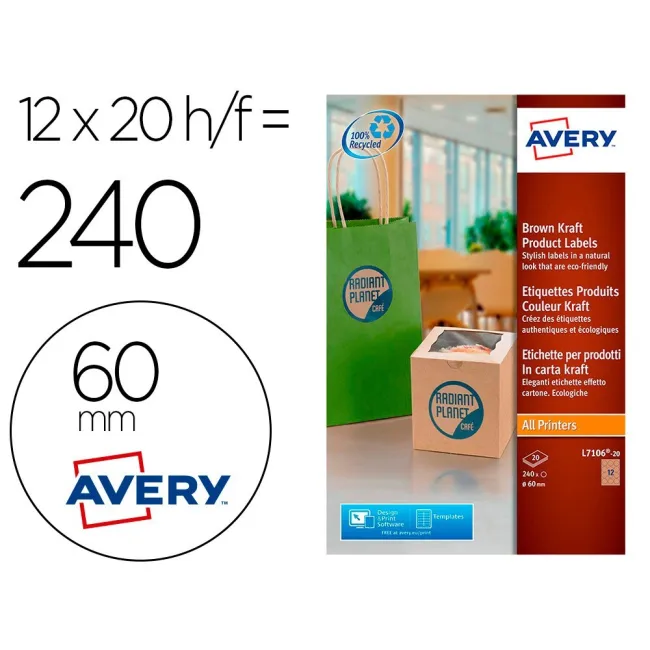 ETIQUETA ADHESIVA AVERY KRAFT EFECTO CARTON REDONDA 60 MM REMOVIBLE...