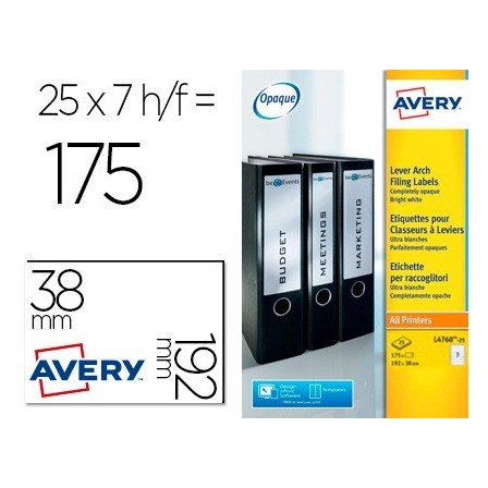 ETIQUETA ADHESIVA AVERY PERMANENTE BLANCA 38X192 MM PARA LOMO ARCHI...