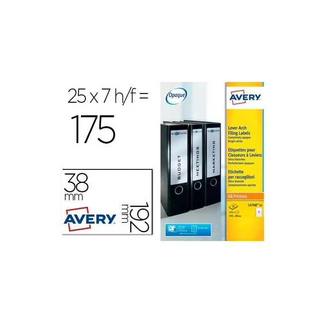 ETIQUETA ADHESIVA AVERY PERMANENTE BLANCA 38X192 MM PARA LOMO ARCHI...