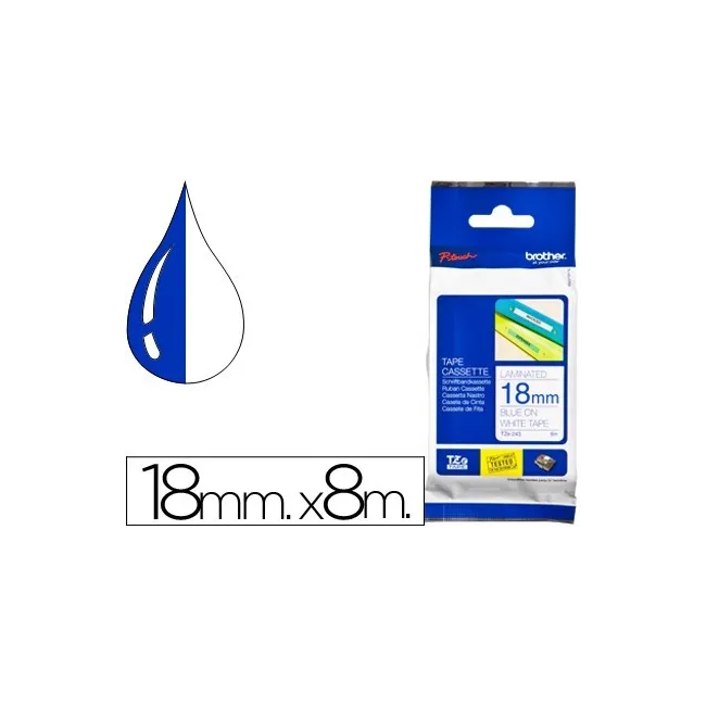 CINTA BROTHER TZE-243 LAMINADA AZUL-BLANCO 18 MM 8MTS