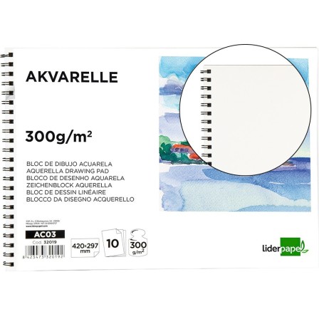 BLOC DIBUJO LIDERPAPEL ACUARELA ESPIRAL 297X420MM 10 HOJAS 300G/M2 ...