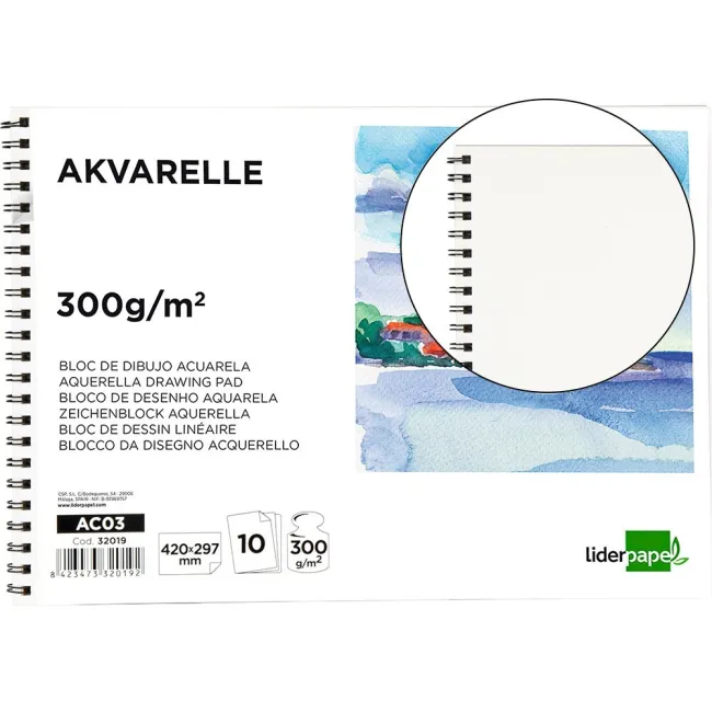 BLOC DIBUJO LIDERPAPEL ACUARELA ESPIRAL 297X420MM 10 HOJAS 300G/M2 ...