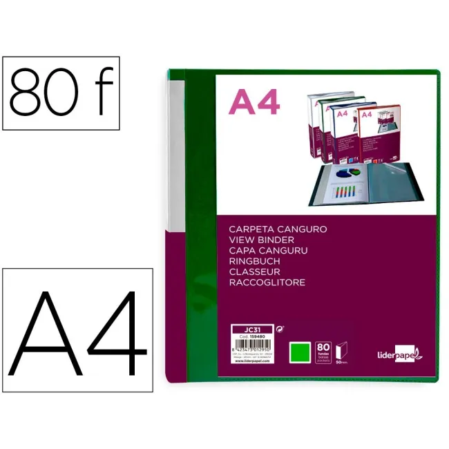 CARPETA LIDERPAPEL 80 FUNDAS CANGURO PP DIN A4 VERDE TRANSLUCIDO PO...
