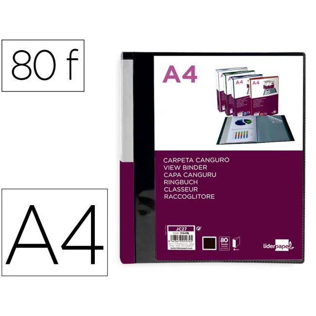 CARPETA LIDERPAPEL 80 FUNDAS CANGURO PP DIN A4 NEGRO OPACO PORTADA ...