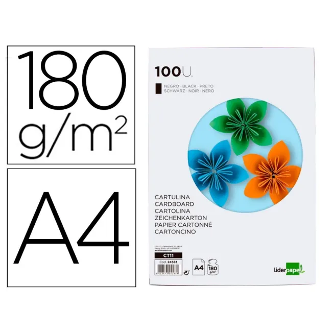 CARTULINA LIDERPAPEL A4 180G/M2 NEGRO PAQUETE DE 100