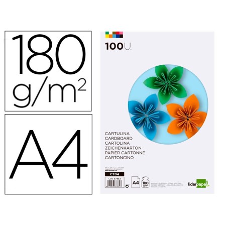 CARTULINA LIDERPAPEL A4 180G/M2 10 COLORES SURTIDOS PAQUETE DE 100