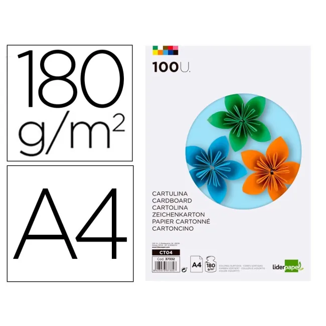 CARTULINA LIDERPAPEL A4 180G/M2 10 COLORES SURTIDOS PAQUETE DE 100