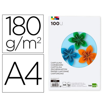 CARTULINA LIDERPAPEL A4 180G/M2 25 COLORES SURTIDOS PAQUETE DE 100 ...