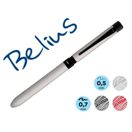 BOLIGRAFO BELIUS ZURICH 3 EN 1 CUERPO PLATEADO TINTA NEGRA Y ROJA P...