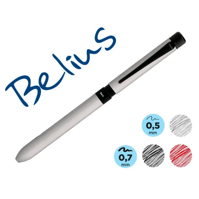 BOLIGRAFO BELIUS ZURICH 3 EN 1 CUERPO PLATEADO TINTA NEGRA Y ROJA P...