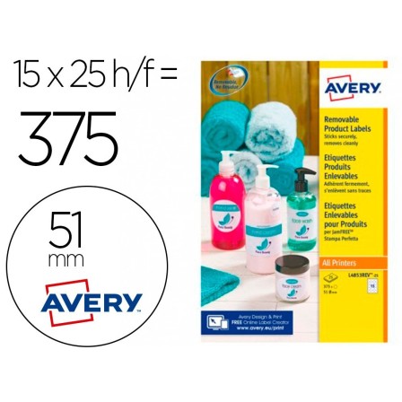 ETIQUETA ADHESIVA AVERY BLANCA REDONDA REMOVIBLE PARA IMPRESORA LAS...