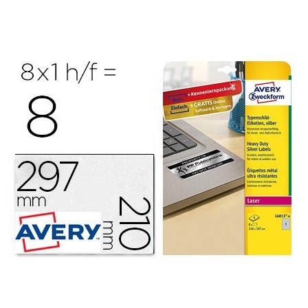 ETIQUETA ADHESIVA AVERY POLIESTER PLATA 210X297 MM LASER PACK DE 8 ...