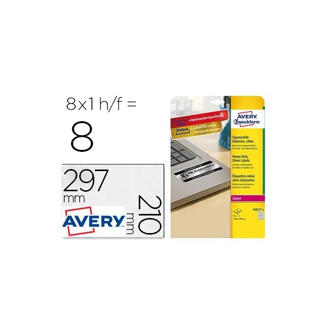 ETIQUETA ADHESIVA AVERY POLIESTER PLATA 210X297 MM LASER PACK DE 8 ...