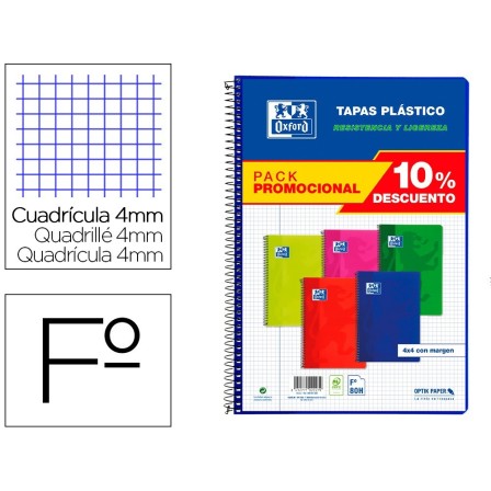 CUADERNO ESPIRAL OXFORD TAPA PLASTICO FOLIO 80 HOJAS CUADRO 4 MM PA...