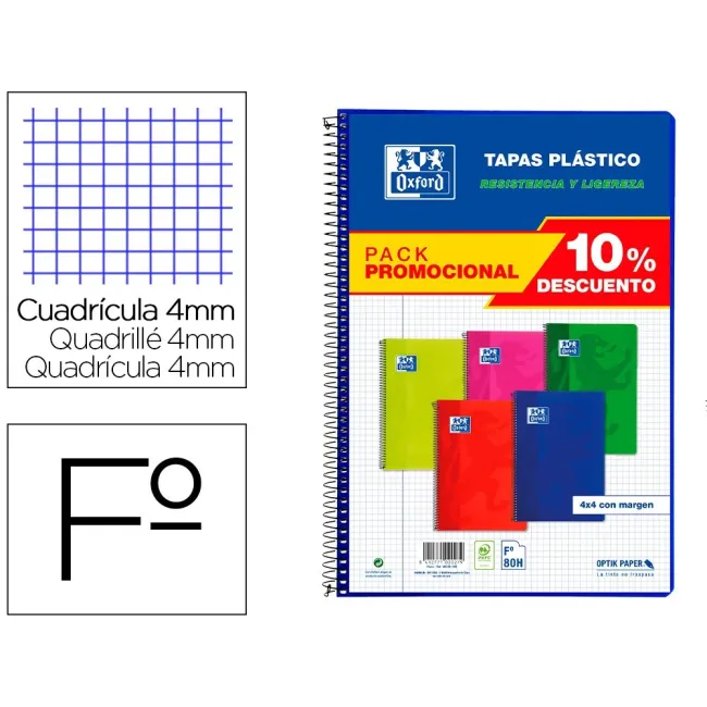 CUADERNO ESPIRAL OXFORD TAPA PLASTICO FOLIO 80 HOJAS CUADRO 4 MM PA...