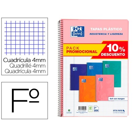 CUADERNO ESPIRAL OXFORD TAPA PLASTICO FOLIO 80 HOJAS CUADRO 4 MM PA...