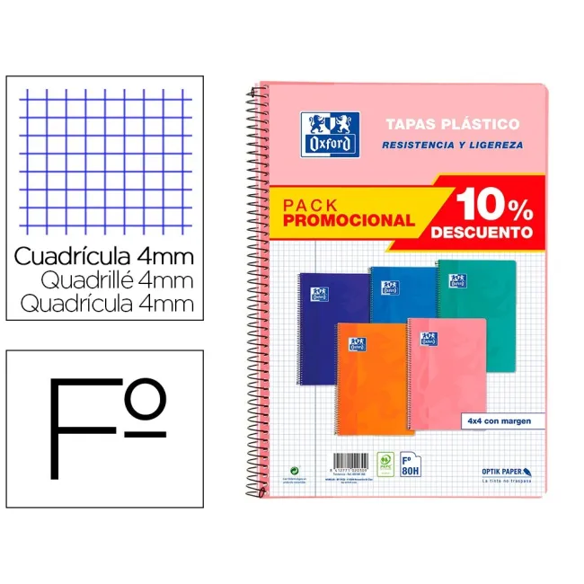 CUADERNO ESPIRAL OXFORD TAPA PLASTICO FOLIO 80 HOJAS CUADRO 4 MM PA...