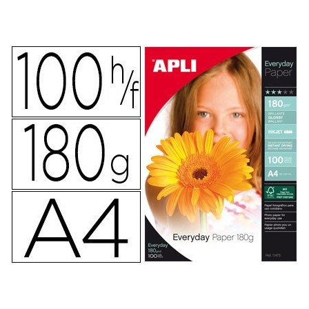 PAPEL FOTOGRAFICO APLI GLOSSY DIN A4 PACK 100 HOJAS DE 180 GRS