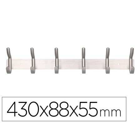 PERCHERO LIDERPAPEL PARED METALICO 6 COLGADORES COLOR PLATA MATE 43...