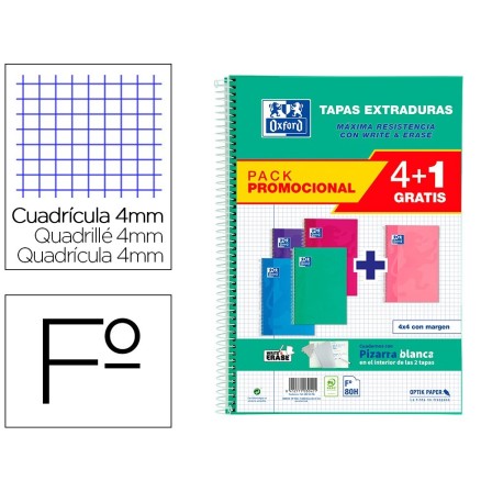 CUADERNO ESPIRAL OXFORD TAPA EXTRADURA FOLIO 80 HOJAS CUADRO 4 MM W...