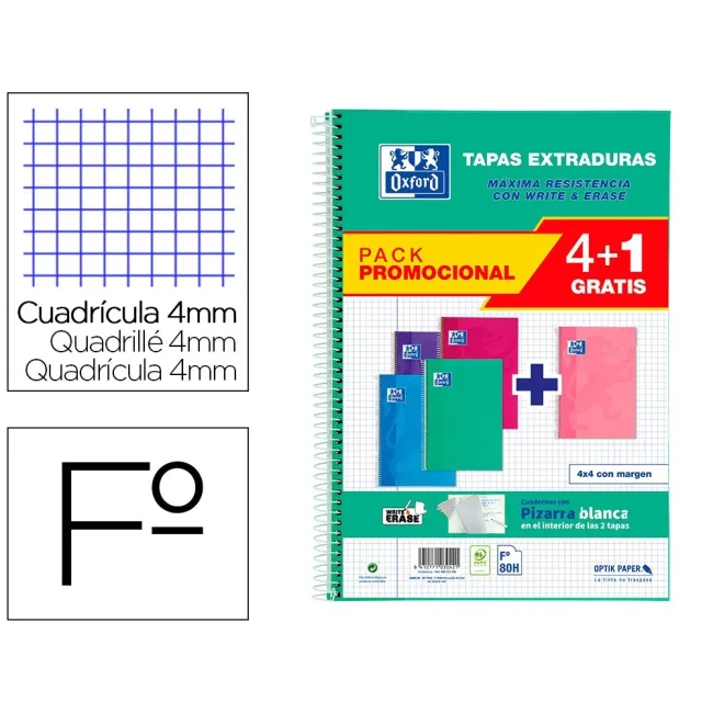CUADERNO ESPIRAL OXFORD TAPA EXTRADURA FOLIO 80 HOJAS CUADRO 4 MM W...