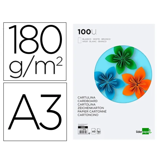 CARTULINA LIDERPAPEL A3 180G/M2 BLANCO PAQUETE DE 100