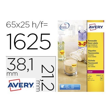 ETIQUETA ADHESIVA AVERY TAMAÑO 38,1X21,2 MM REMOVIBLE AMARILLO FLUO...