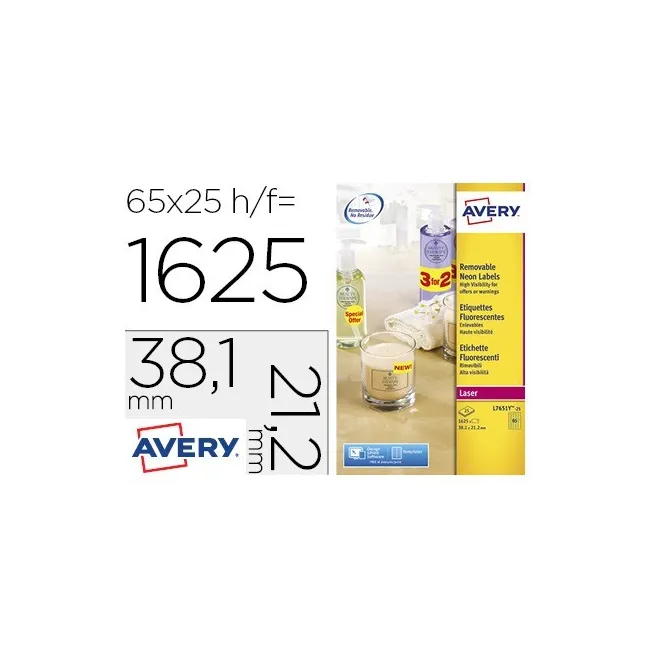 ETIQUETA ADHESIVA AVERY TAMAÑO 38,1X21,2 MM REMOVIBLE AMARILLO FLUO...