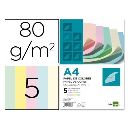 PAPEL COLOR LIDERPAPEL A4 80G/M2 5 COLORES SURTIDOS PAQUETE DE 500