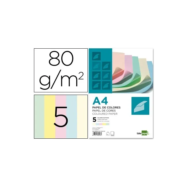 PAPEL COLOR LIDERPAPEL A4 80G/M2 5 COLORES SURTIDOS PAQUETE DE 500