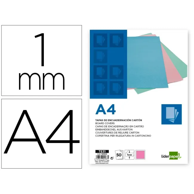 TAPA ENCUADERNACION LIDERPAPEL CARTON A4 1 MM ROSA PAQUETE DE 50 UN...