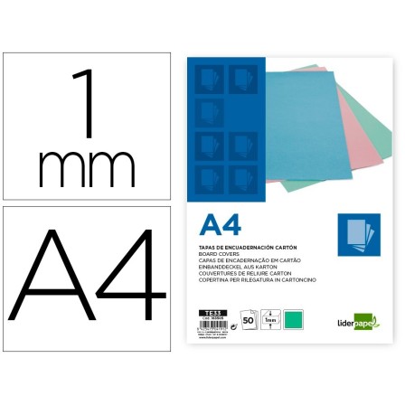 TAPA ENCUADERNACION LIDERPAPEL CARTON A4 1 MM VERDE MENTA PAQUETE D...
