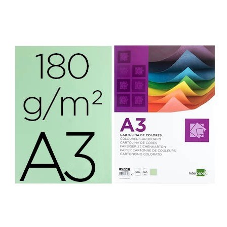 CARTULINA LIDERPAPEL A3 180G/M2 VERDE PAQUETE DE 100