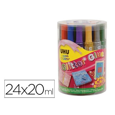 PURPURINA PEGAMENTO UHU GLITTER GLUE MIX BOTE 24 UNIDADES COLORES S...