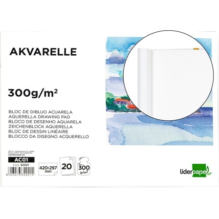 BLOC DIBUJO LIDERPAPEL ACUARELA ENCOLADO 297X420MM 20 HOJAS 300G M2...
