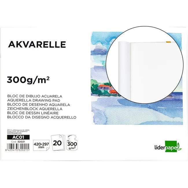 BLOC DIBUJO LIDERPAPEL ACUARELA ENCOLADO 297X420MM 20 HOJAS 300G M2...